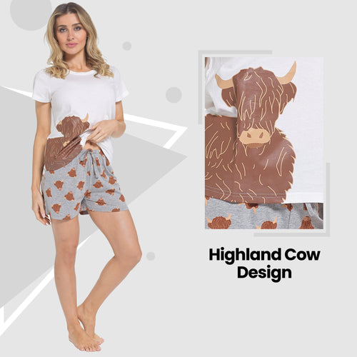 OLIVIA ROCCO Women's Highland Cow Pyjama Set T Shirt And Shorts PJs Soft Cotton Easy-Care Super Soft Sleep Set