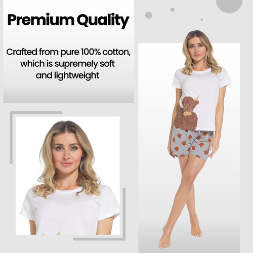OLIVIA ROCCO Women's Highland Cow Pyjama Set T Shirt And Shorts PJs Soft Cotton Easy-Care Super Soft Sleep Set