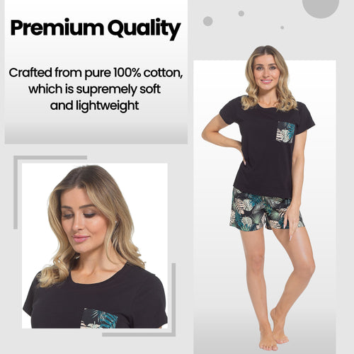 OLIVIA ROCCO Women's Tropical Pyjama Set T Shirt And Shorts PJs Soft Breathable Cotton Cosy Easy-Care Nightwear Set