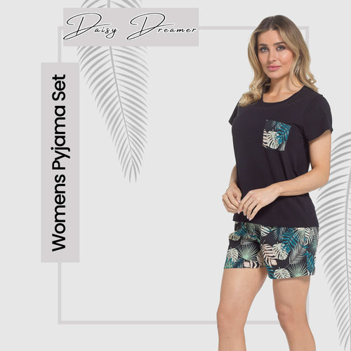 OLIVIA ROCCO Women's Tropical Pyjama Set T Shirt And Shorts PJs Soft Breathable Cotton Cosy Easy-Care Nightwear Set