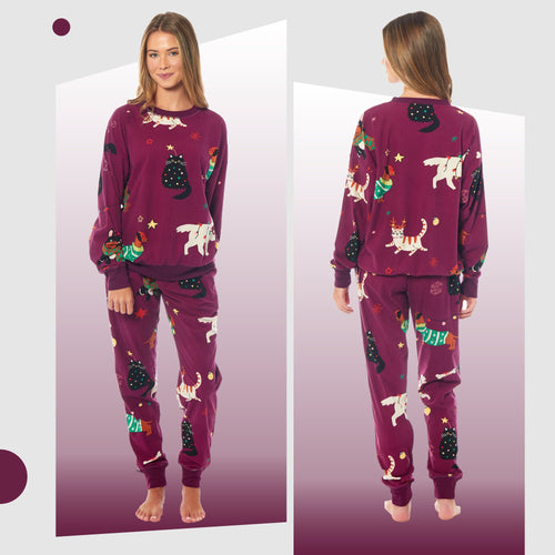 OLIVIA ROCCO Womens Cat And Dog Print Fleece Pyjama Set Long Sleeve Animal Print