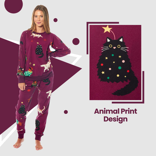OLIVIA ROCCO Womens Cat And Dog Print Fleece Pyjama Set Long Sleeve Animal Print