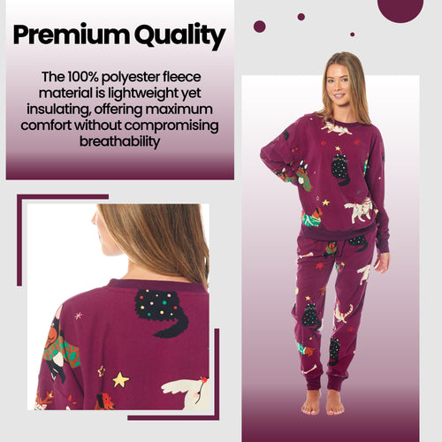 OLIVIA ROCCO Womens Cat And Dog Print Fleece Pyjama Set Long Sleeve Animal Print