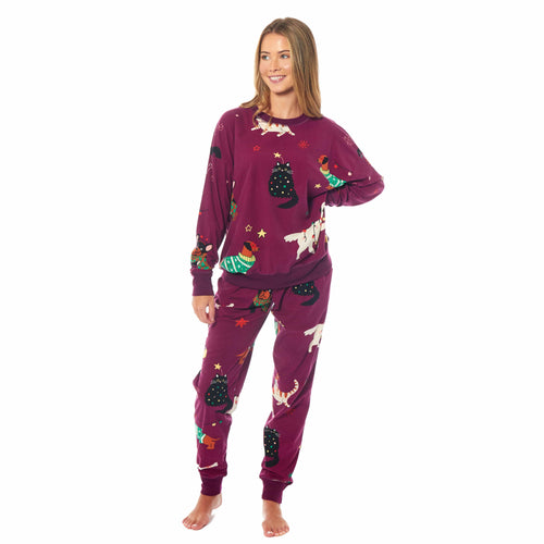 OLIVIA ROCCO Womens Cat And Dog Print Fleece Pyjama Set Long Sleeve Animal Print