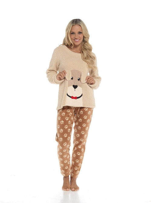 OLIVIA ROCCO Women's Fleece Pyjama Set Dog Snuggle Design Long Sleeve Top Patterned