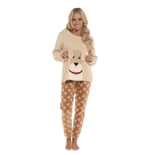 OLIVIA ROCCO Women's Fleece Pyjama Set Dog Snuggle Design Long Sleeve Top Patterned