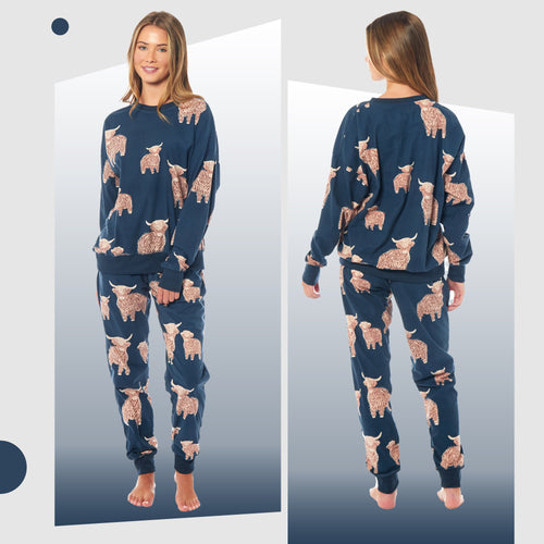 OLIVIA ROCCO Women's Fleece Pyjama Set Highland Cow Print Long Sleeve Soft Warm Sleepwear