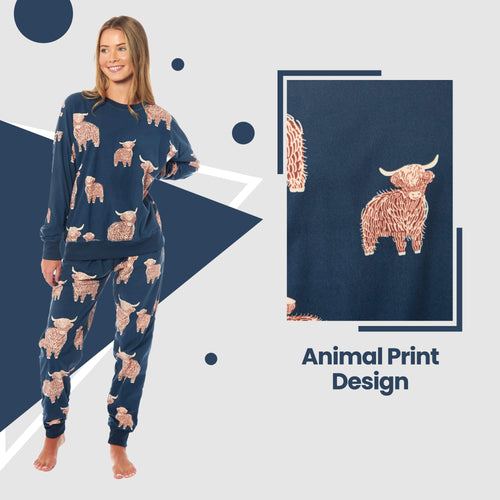 OLIVIA ROCCO Women's Fleece Pyjama Set Highland Cow Print Long Sleeve Soft Warm Sleepwear