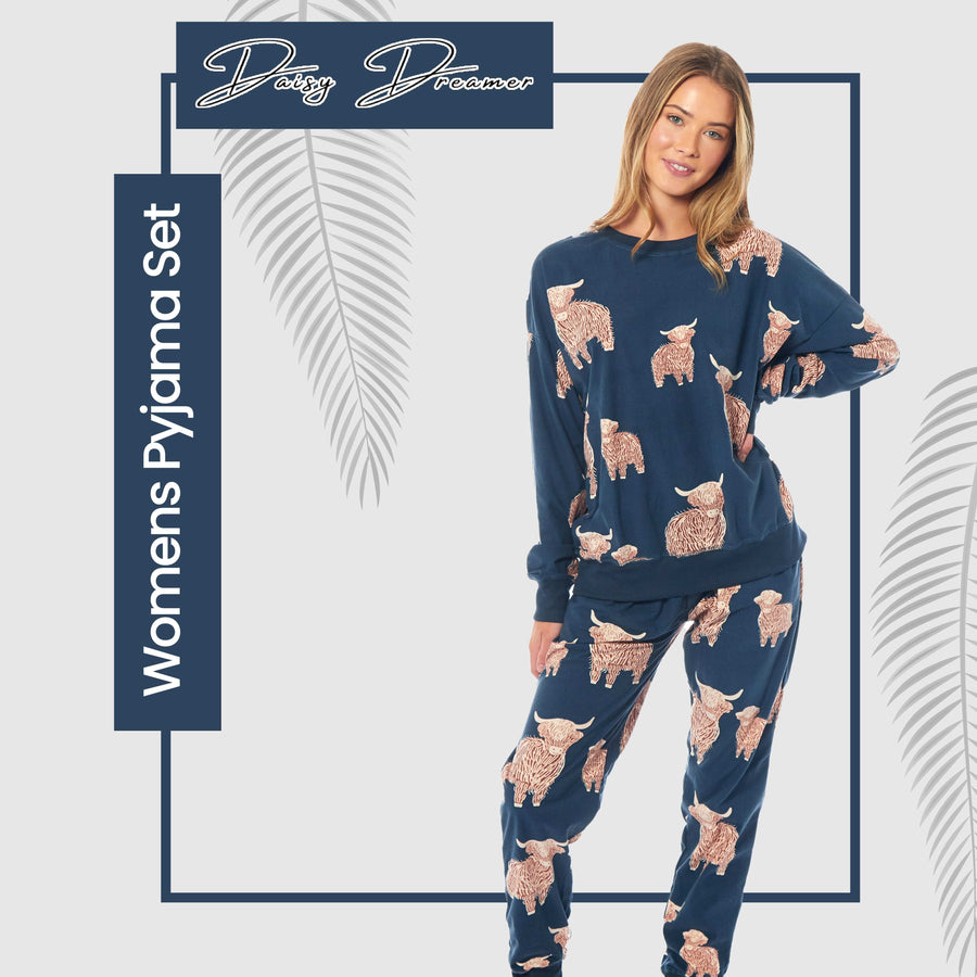OLIVIA ROCCO Women's Fleece Pyjama Set Highland Cow Print Long Sleeve Soft Warm Sleepwear