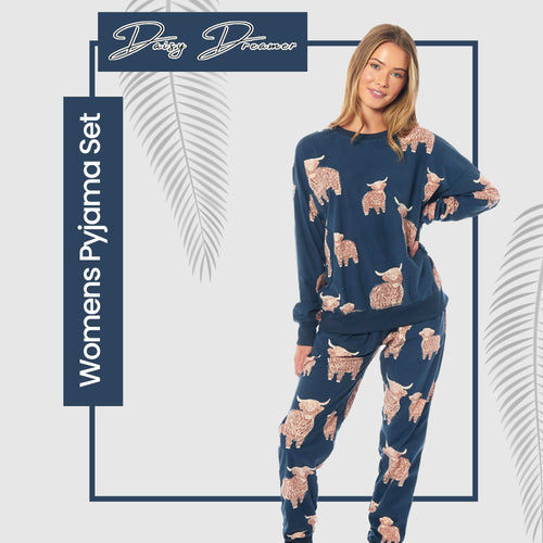 OLIVIA ROCCO Women's Fleece Pyjama Set Highland Cow Print Long Sleeve Soft Warm Sleepwear