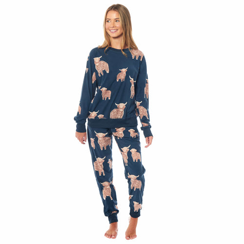 OLIVIA ROCCO Women's Fleece Pyjama Set Highland Cow Print Long Sleeve Soft Warm Sleepwear
