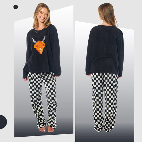 OLIVIA ROCCO Womens Thermal Fleece Pyjamas Set Highland Cow Animal Print Winter Super Soft Cosy Home Loungewear