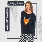 OLIVIA ROCCO Womens Thermal Fleece Pyjamas Set Highland Cow Animal Print Winter Super Soft Cosy Home Loungewear