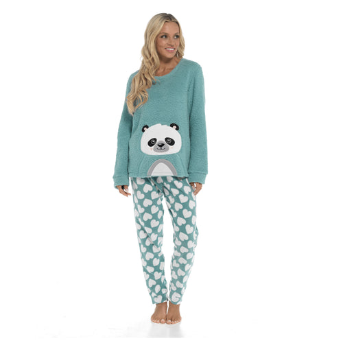 OLIVIA ROCCO Panda Snuggle Fleece Pyjama Set Women With Printed Pants Easy Care Fabric