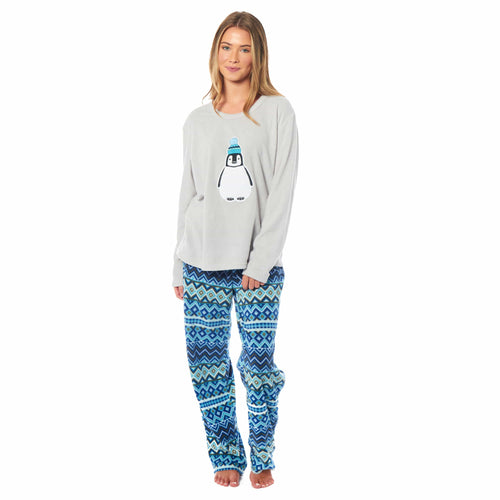 OLIVIA ROCCO Women's Thermal Fleece Pyjamas Set Penguin Print Winter Cosy Easy-Care Nightwear Set