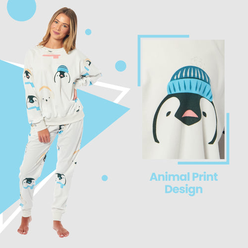 OLIVIA ROCCO Womens Soft Fleece Pyjama Set With Long Sleeve Penguins And Polar Bears