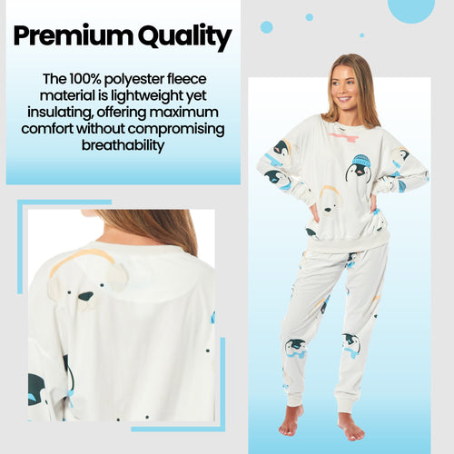 OLIVIA ROCCO Womens Soft Fleece Pyjama Set With Long Sleeve Penguins And Polar Bears