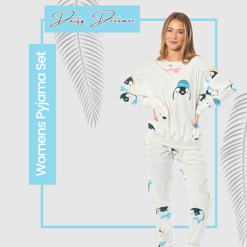 OLIVIA ROCCO Womens Soft Fleece Pyjama Set With Long Sleeve Penguins And Polar Bears