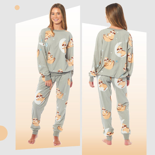 OLIVIA ROCCO Women's Sloth Soft Fleece Pyjama Set Long Sleeve Animal Print Warm Sleepwear