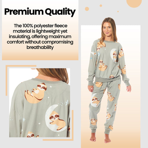 OLIVIA ROCCO Women's Sloth Soft Fleece Pyjama Set Long Sleeve Animal Print Warm Sleepwear