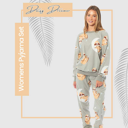 OLIVIA ROCCO Women's Sloth Soft Fleece Pyjama Set Long Sleeve Animal Print Warm Sleepwear