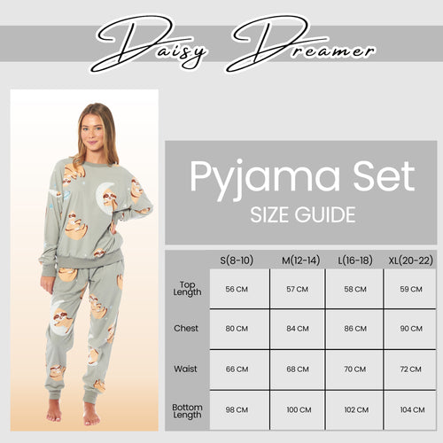 OLIVIA ROCCO Women's Sloth Soft Fleece Pyjama Set Long Sleeve Animal Print Warm Sleepwear