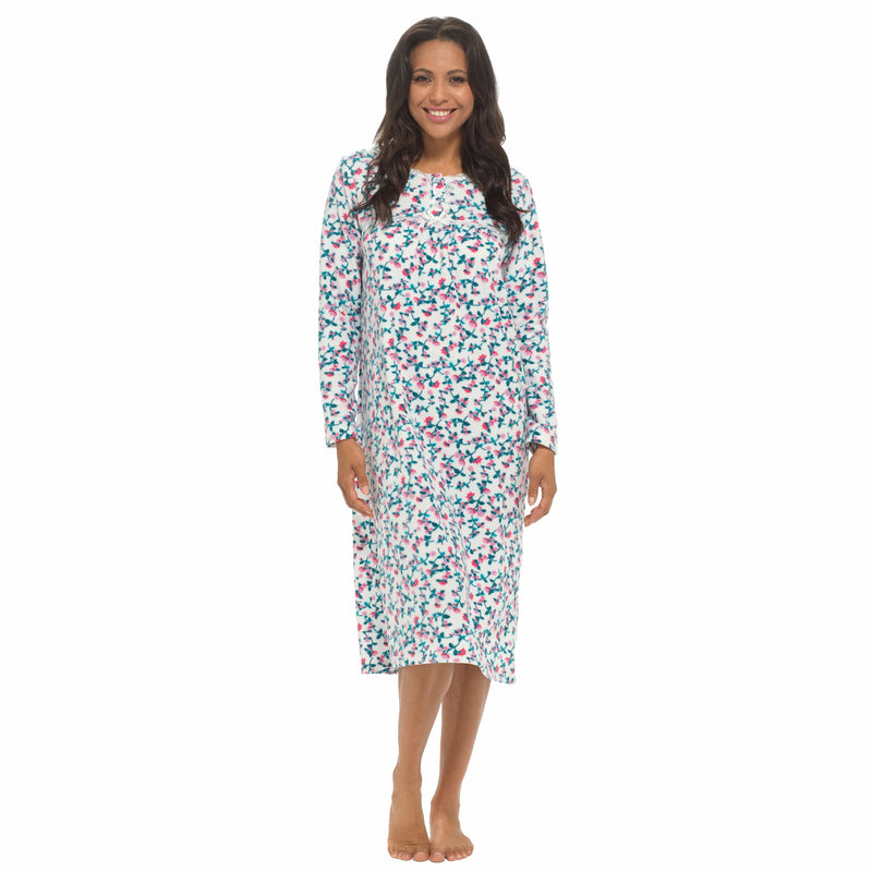 OLIVIA ROCCO Womens Fleece Nightdress Long Sleeve Floral Print Sleepwear Cosy Winter