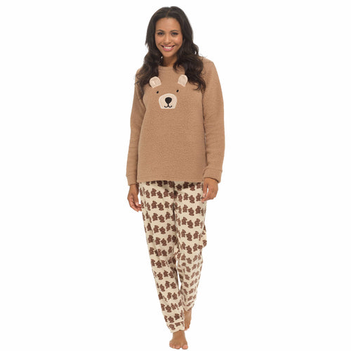 OLIVIA ROCCO Women's Teddy Bear Fleece Pyjama Set With Long Sleeve Top Super Soft Cosy Home Loungewear