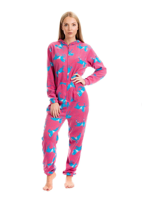 OLIVIA ROCCO Women's Pink Fleece Hooded All In One Onezee Pyjama Set With Horse Print