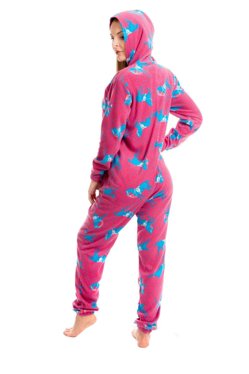 OLIVIA ROCCO Women's Pink Fleece Hooded All In One Onezee Pyjama Set With Horse Print