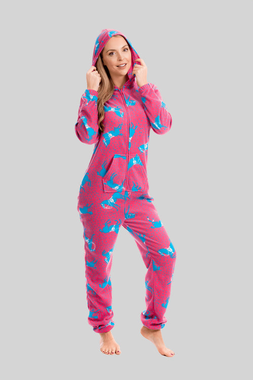 OLIVIA ROCCO Women's Pink Fleece Hooded All In One Onezee Pyjama Set With Horse Print