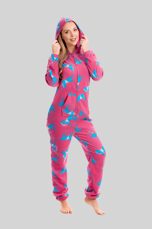 OLIVIA ROCCO Women's Pink Fleece Hooded All In One Onezee Pyjama Set With Horse Print