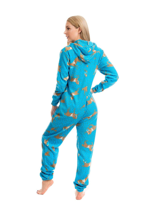 OLIVIA ROCCO Womens Blue Horse Print Hooded Fleece Onezee Pyjama Set For Warm Nightwear