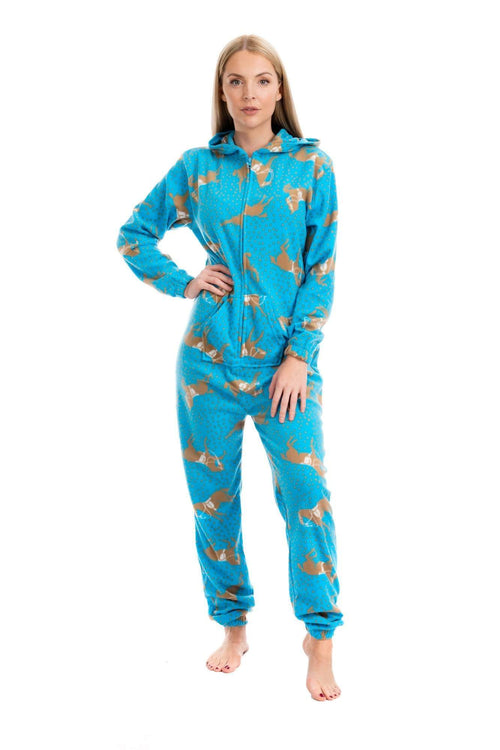 OLIVIA ROCCO Womens Blue Horse Print Hooded Fleece Onezee Pyjama Set For Warm Nightwear