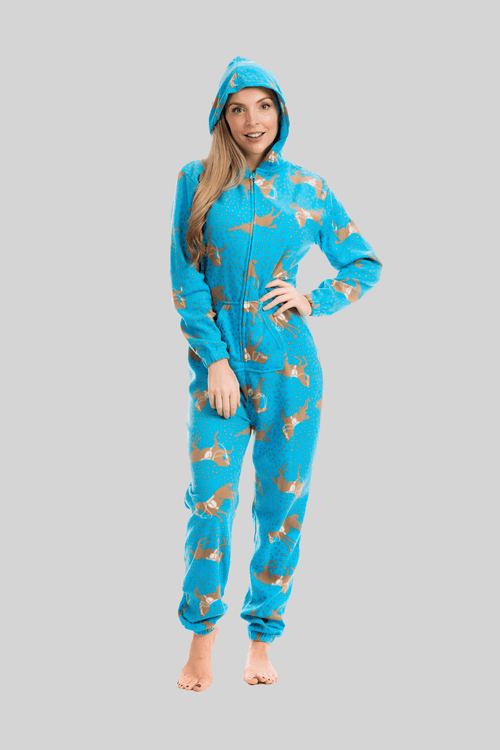 OLIVIA ROCCO Womens Blue Horse Print Hooded Fleece Onezee Pyjama Set For Warm Nightwear