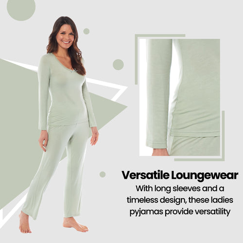 OLIVIA ROCCO Ladies Long Sleeve Pyjama Set Ultra Soft Viscose Spandex Black Green Cosy Easy-Care Nightwear Set