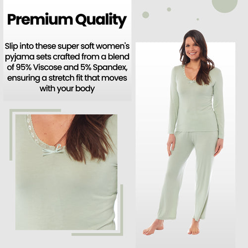 OLIVIA ROCCO Ladies Long Sleeve Pyjama Set Ultra Soft Viscose Spandex Black Green Cosy Easy-Care Nightwear Set
