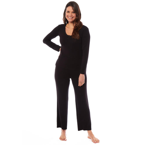 OLIVIA ROCCO Ladies Long Sleeve Pyjama Set Ultra Soft Viscose Spandex Black Green Cosy Easy-Care Nightwear Set