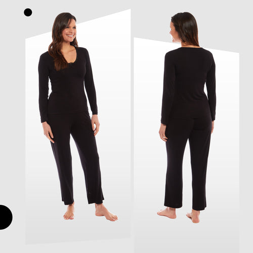 OLIVIA ROCCO Ladies Long Sleeve Pyjama Set Ultra Soft Viscose Spandex Black Green Cosy Easy-Care Nightwear Set