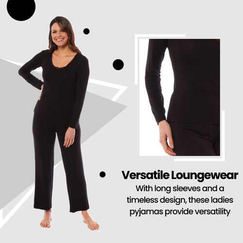 OLIVIA ROCCO Ladies Long Sleeve Pyjama Set Ultra Soft Viscose Spandex Black Green Cosy Easy-Care Nightwear Set