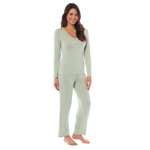 OLIVIA ROCCO Ladies Long Sleeve Pyjama Set Ultra Soft Viscose Spandex Black Green Cosy Easy-Care Nightwear Set