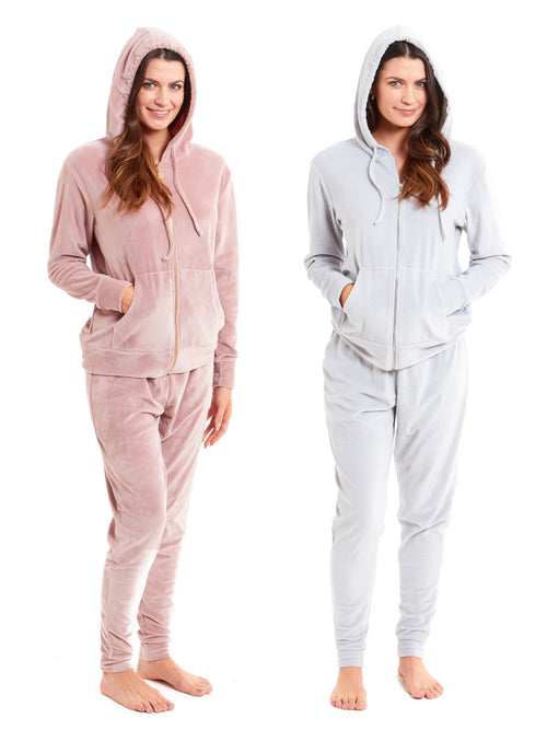 OLIVIA ROCCO Womens Hooded Velour Lounge Set With Zipped Top And Elasticated Waistband
