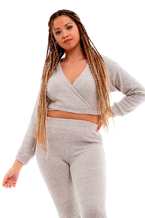 OLIVIA ROCCO Womens Teddy Fleece Loungewear Set With Wrap Top And Stretch Pants Easy-Care Super Soft Sleep Set