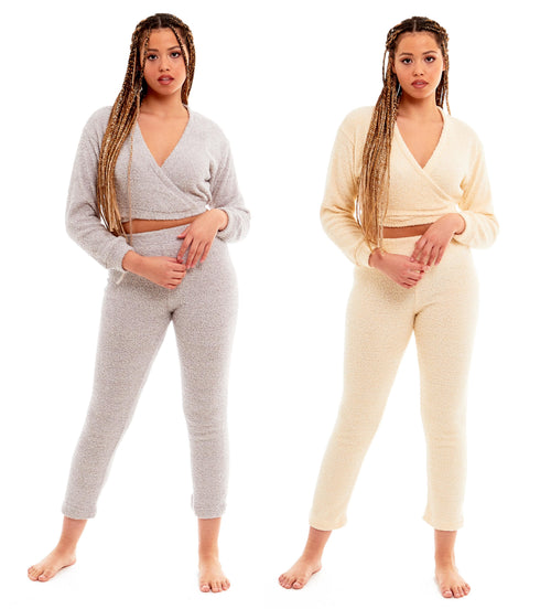 OLIVIA ROCCO Womens Teddy Fleece Loungewear Set With Wrap Top And Stretch Pants Easy-Care Super Soft Sleep Set