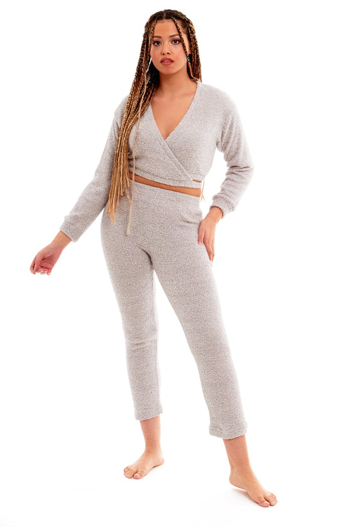 OLIVIA ROCCO Womens Teddy Fleece Loungewear Set With Wrap Top And Stretch Pants Easy-Care Super Soft Sleep Set
