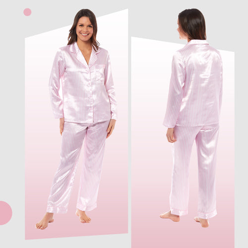 OLIVIA ROCCO Satin Silk Pyjama Set For Women With Dress Shirt Collar And Loose Fitting