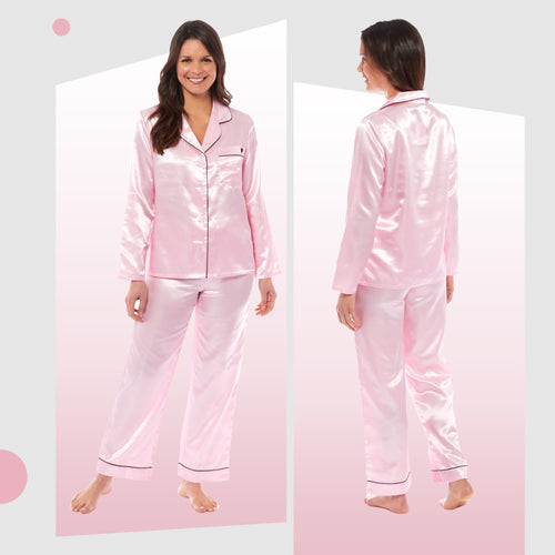 OLIVIA ROCCO Satin Silk Pyjama Set For Women With Dress Shirt Collar And Loose Fitting