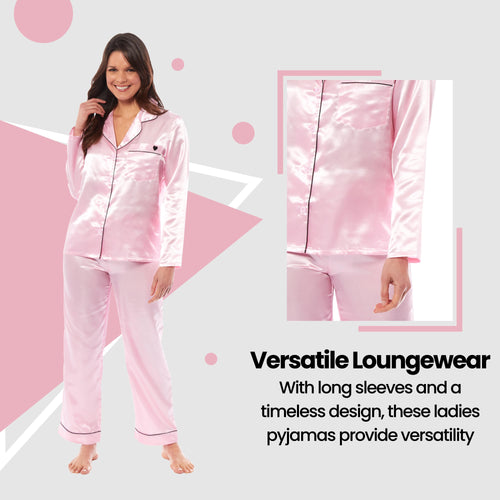 OLIVIA ROCCO Satin Silk Pyjama Set For Women With Dress Shirt Collar And Loose Fitting
