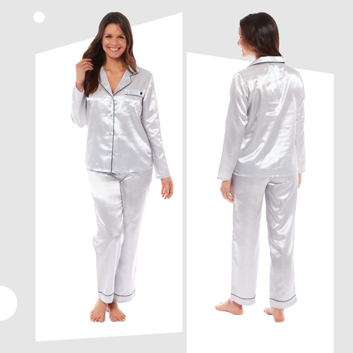 OLIVIA ROCCO Satin Silk Pyjama Set For Women With Dress Shirt Collar And Loose Fitting