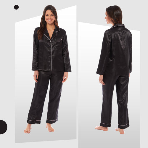 OLIVIA ROCCO Satin Silk Pyjama Set For Women With Dress Shirt Collar And Loose Fitting